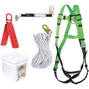 RK8-50 Grommeted Fall Protection Kit - Roofer's Kit, V8002200 Grommeted Leg Harness; V8103162 SP Lanyard with Integral ADP Rope Grab; V840184050 Vertical Lifeline; V8229100 Reusable Roof Anchor Bracket; V860210 Waterproof Pail
