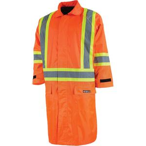 Long Rain Jacket with Detachable Hood - High Visibility Orange, Silver/Yellow, Small, Medium, Large, X-Large, 2X-Large, 3X-Large, 4X-Large, 5X-Large, Nylon/PVC