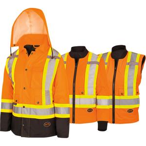 5020BBW Women's  7-in-1 Waterproof Jacket with Hood - High Visibility Orange, Silver/Yellow, X-Small, Small, Medium, Large, X-Large, 2X-Large, 3X-Large, 4X-Large, Polyester/Polyurethane, Meets/Exceeds CSA Z96 Class 2 - Level 2