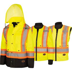 5021BBW Women's  7-in-1 Waterproof Jacket with Hood - High Visibility Lime-Yellow, Silver/Orange, X-Small, Small, Medium, Large, X-Large, 2X-Large, 3X-Large, 4X-Large, Polyester/Polyurethane, Meets/Exceeds CSA Z96 Class 2 - Level 2