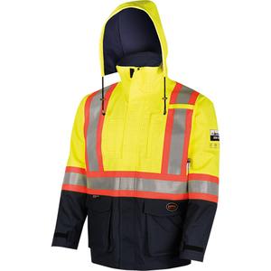 4485 Defender® FR/Arc/Antistatic Trilaminate Safety Jacket - Small, Medium, Large, X-Large, 2X-Large, 3X-Large, 4X-Large, 5X-Large, Black/High Visibility Yellow, 11 cal/cm², NFPA 70E/ASTM F1506, 2, Meets ANSI/ISEA 107-2020 Class 3 Type P and R standards and are CSA Z96-15 Class 2 Level 2 certified - becoming Class 3 when worn with Hi-Viz pant featuring reflective leg bands