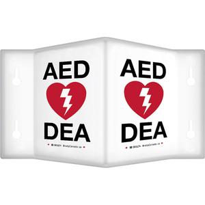 90° Projecting "AED/DEA" Sign - Plastic, 6", 5", Bolt-On, Bilingual with Pictogram, First Aid
