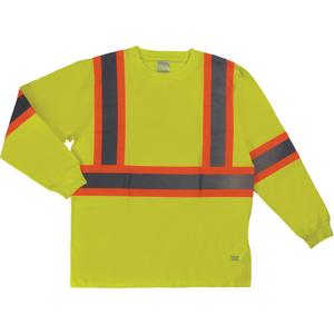 Long Sleeve Safety T-Shirt - High Visibility Lime-Yellow, Silver/Orange, X-Small, Large, X-Large, 2X-Large, 3X-Large, 4X-Large, 5X-Large, Cotton, Meets/Exceeds CSA Z96 Class 1 - Level 2