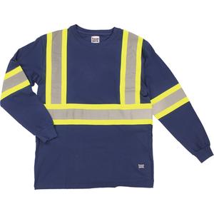 Long Sleeve Safety T-Shirt - Navy Blue, Silver/Lime-Green, X-Small, Small, Medium, Large, X-Large, 2X-Large, 3X-Large, 4X-Large, 5X-Large, Cotton, Meets/Exceeds CSA Z96 Class 1 - Level 2