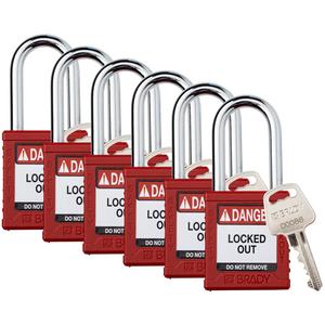 Compact Lockout Padlock - Safety Padlock, 1-1/2", 17/100", 1-1/2", Nylon, Steel, Red, Keyed Different, 1-2/5", 1