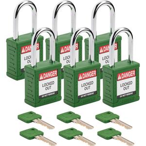 Standard Lockout Padlock - Safety Padlock, 1-1/2", 1/4", 1-1/2", Nylon, Steel, Green, Keyed Alike, 1-3/4", 1