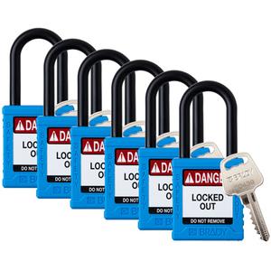 Standard Lockout Padlock - Safety Padlock, 1-1/2", 1/4", 1-1/2", Nylon, Plastic, Blue, Keyed Alike, 1-3/4", 1