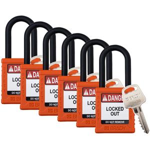 Standard Lockout Padlock - Safety Padlock, 1-1/2", 1/4", 1-1/2", Nylon, Plastic, Orange, Keyed Alike, 1-3/4", 1