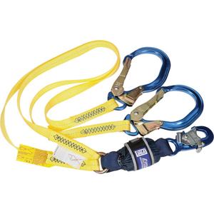 EZ-Stop™ Shock Absorbing Lanyard - 6', Meets/Exceeds CSA-Z259.11, 130 lbs., 310 lbs., Snap Hook, Rebar Hook, Tubular Core, 2, Aluminum, Zinc Plated Steel, Fixed, Yellow