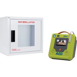AED 3™ AED & Wall Cabinet Kit - English, Semi-Automatic, Class 4, Standard Large AED Cabinet with Alarm; Zoll® AED 3™; Zoll® CPR Uni-Padz™ universal electrodes for adult or pediatric rescue (5 year shelf life); AED 3™ battery pack (5 year shelf life); Fast response rescue kit; Manuals