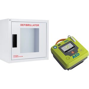 AED 3™ AED & Wall Cabinet Kit - French, Semi-Automatic, Class 4, Standard Large AED Cabinet with Alarm; Zoll® AED 3™; Zoll® CPR Uni-Padz™ universal electrodes for adult or pediatric rescue (5 year shelf life); AED 3™ battery pack (5 year shelf life); Fast response rescue kit; Manuals