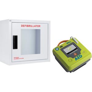 AED 3™ AED & Wall Cabinet Kit - English, Automatic, Class 4, Standard Large AED Cabinet with Alarm; Zoll® AED 3™; Zoll® CPR Uni-Padz™ universal electrodes for adult or pediatric rescue (5 year shelf life); AED 3™ battery pack (5 year shelf life); Fast response rescue kit; Manuals