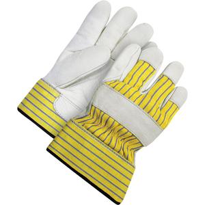 Lined Fitter's Gloves with Safety Cuff - 2X-Large, X-Large, Acrylic-Pile, Grain Cowhide, Elastic, Rubberized, Yellow/White