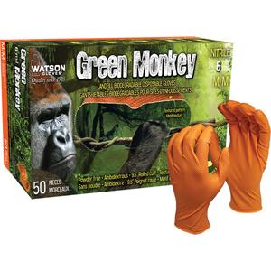 Green Monkey™ Disposable Gloves - Small, Medium, Large, X-Large, 2X-Large, Nitrile, 9.5", 6-mil, Fully Textured, Orange, Powder-Free, Accepted for use in Canadian Food Processing Facilities
