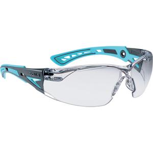Rush+ Safety Glasses - None, Clear, Anti-Fog/Anti-Scratch, PC/TPR, Rimless, Black & Blue
