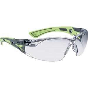 Rush+ Safety Glasses - None, Clear, Anti-Fog/Anti-Scratch, PC/TPR, Rimless, Black & Green