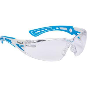 RUSH+ Safety Glasses - Meets/Exceeds CSA Z94.3/ANSI Z87+, Clear, Anti-Fog/Anti-Scratch, Rimless, PC/TPR, White/Blue