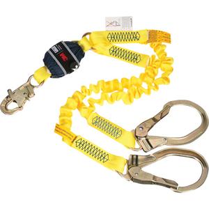 Twin-Leg Stretch Web Shock-Absorbing Lanyard - 6', 132 lbs., 310 lbs., Snap Hook, Rebar Hook, Pack, 2, Zinc Plated Steel, Zinc Plated Steel, Variable/Elastic, Web