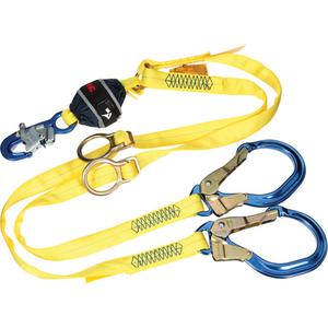 Twin-Leg Tie-Back Web Shock-Absorbing Lanyard - 6', 132 lbs., 310 lbs., Snap Hook, Rebar Hook, Polyester, Pack, 2, Aluminum, Anodized Aluminum, Fixed, Web