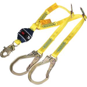 Twin-Leg Tie-Back Web Shock-Absorbing Lanyard - 4', 132 lbs., 310 lbs., Snap Hook, Rebar Hook, Polyester, Pack, 2, Zinc Plated Steel, Zinc Plated Steel, Fixed, Web