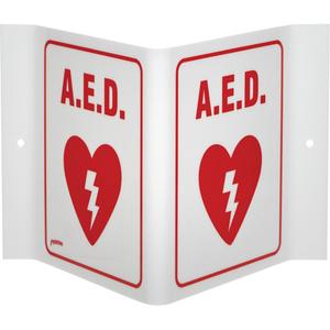 "A.E.D." V-Style Sign - Acrylic, 6", 9", Bolt-On, English with Pictogram, First Aid, Red on White