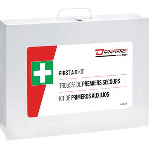 Dynamic™ First Aid Kit - Meets CSA Z1220-17 Type 3 High-Risk Environment/British Columbia, Medium (26-50 Workers), Metal Box, Bulk, (43) Adhesive Strips Plastic 1" x 3"; (3) Adhesive Fabric Dressings 2" x 3"; (2) Adhesive Fabric Knuckle Strips; (12) Gauze Pads Sterile 12 Ply 4" x 4"; (24) Gauze Pads Sterile 12 Ply 3" x 3"; (2) Abdominal Pads Sterile 5" x 9"; (1) Spooless Adhesive Tape 1" x 5 YDS; (12) Antibiotic Bacitiracin Zinc Ointment 0.9GR; (50) Benzalkonium Chloride 0.13% Antiseptic Wipes 8" X 5"; (2) Plastic Eyeshield; (2) Sterile Eye Pads; (2) Glucose Tablets Tube of 10; (8) Vinyl Gloves Medical (Pair); (1) CPR Rescue Breather Protective Barrier One Way Valve; (2) Compress Bandages Sterile 6" x 6"; (1) Splint Aluminum/Foam
