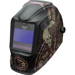 VIKING™ 2450 ADV Series Graveyard Shift® Helmet - Graphics, 3.82" L x 2.44" W, 5 - 13, (1) VIKING 2450ADV Welding Helmet; (1) Bandana; (5) KP2898-1 Outside Cover Lens; (2) KP2931-1 Inside Cover Lens; (1) Decal Sheet