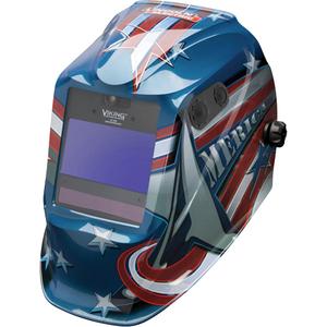 VIKING™ 2450 ADV Series All American® Helmet - Graphics, 3.82" L x 2.44" W, 5 - 13, (1) VIKING 2450ADV Welding Helmet; (1) Bandana; (5) KP2898-1 Outside Cover Lens; (2) KP2931-1 Inside Cover Lens; (1) Decal Sheet
