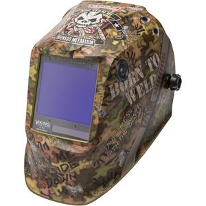 VIKING™ 3350 Born To Weld™ Welding Helmet - Graphics, 3.74" L x 3.34" W, 5 - 13, (1) Welding Helmet; (1) Helmet Bag; (1) Bandana; (5) KP2898-1 Outside Cover Lenses; (2) KP3044-1 Inside Cover Lenses; (1) Decal Sheet