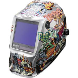 VIKING™ 3350 Hot Rodders™ Welding Helmet - Graphics, 3.74" L x 3.34" W, 5 - 13, (1) Welding Helmet; (1) Helmet Bag; (1) Bandana; (5) KP2898-1 Outside Cover Lenses; (2) KP3044-1 Inside Cover Lenses; (1) Decal Sheet