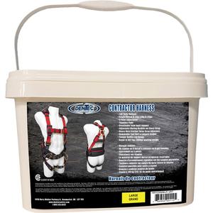Contractor Safety Harness in Pail - Work Positioning/Fall Arrest, AP, 352 lbs., Large, Back - Side, Tongue Buckle, Pass-Through/Mating, Black, Red