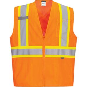 Contrast-Striped Safety Vest - High Visibility Orange, Yellow & Silver, Small, Medium, Large, X-Large, 2X-Large, 3X-Large, 4X-Large, 5X-Large, Polyester, Meets/Exceeds CSA Z96 Class 2 - Level 2