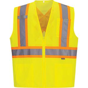 Contrast-Striped Safety Vest - High Visibility Lime-Yellow, Orange & Silver, Small, Medium, Large, X-Large, 2X-Large, 3X-Large, 4X-Large, 5X-Large, Polyester