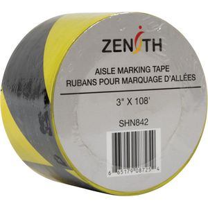 Aisle Marking Tape - 010-LVKQ175 - Black and Yellow, PVC, 3", 108', 6 mil, 1 Year Limited