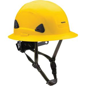 Fibre Metal Climbing Style Helmet with Full Brim - Ratchet, Yellow, Non-Vented, ANSI Type II/Meets/Exceeds CSA Type 2, ANSI Class E, HDPE, Full Brim