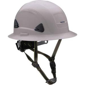 Fibre Metal Climbing Style Helmet with Full Brim - Ratchet, Grey, Non-Vented, ANSI Type II/Meets/Exceeds CSA Type 2, ANSI Class E, HDPE, Full Brim