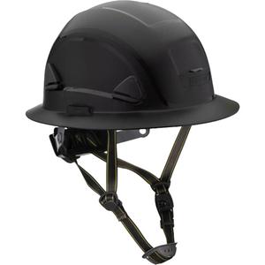 Fibre Metal Climbing Style Helmet with Full Brim - Ratchet, Black, Non-Vented, ANSI Type II/Meets/Exceeds CSA Type 2, ANSI Class E, HDPE, Full Brim