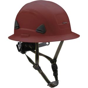 Fibre Metal Climbing Style Helmet with Full Brim - Ratchet, Brown, Non-Vented, ANSI Type II/Meets/Exceeds CSA Type 2, ANSI Class E, HDPE, Full Brim