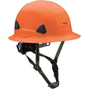 Fibre Metal Climbing Style Helmet with Full Brim - Ratchet, Orange, Non-Vented, ANSI Type II/Meets/Exceeds CSA Type 2, ANSI Class E, HDPE, Full Brim