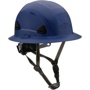 Fibre Metal Climbing Style Helmet with Full Brim - Ratchet, Blue, Non-Vented, ANSI Type II/Meets/Exceeds CSA Type 2, ANSI Class E, HDPE, Full Brim
