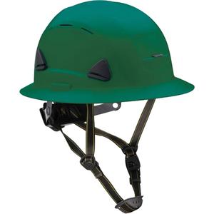 Fibre Metal Climbing Style Helmet with Full Brim - Ratchet, Green, Vented, ANSI Type II/Meets/Exceeds CSA Type 2, ANSI Class E, HDPE, Full Brim