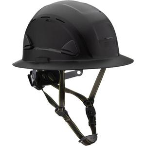 Fibre Metal Climbing Style Helmet with Full Brim - Ratchet, Black, Vented, ANSI Type II/Meets/Exceeds CSA Type 2, ANSI Class E, HDPE, Full Brim