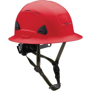 Fibre Metal Climbing Style Helmet with Full Brim - Ratchet, Red, Vented, ANSI Type II/Meets/Exceeds CSA Type 2, ANSI Class E, HDPE, Full Brim