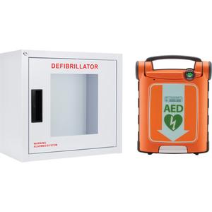 Powerheart® G5 AED & Cabinet Kit - Bilingual, Automatic, Class 3, (1) Powerheart® G5 semi automatic AED in dual language configuration (US English; Canadian French; English default); (1) Set G5 Intellisense® adult defibrillation pads; (1) G5 IntelliSense® battery; (1) Premium carrying case; (1) AED Manager software CD; (1) USB cable; Standard Large AED Cabinet with Alarm