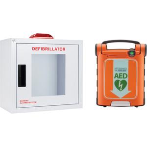 Powerheart® G5 AED & Cabinet Kit - Bilingual, Semi-Automatic, Class 3, (1) Powerheart® G5 semi automatic AED in dual language configuration (US English; Canadian French; English default); (1) Set G5 Intellisense® adult defibrillation pads; (1) G5 IntelliSense® battery; (1) Premium carrying case; (1) AED Manager software CD; (1) USB cable; Standard Large AED Cabinet with Alarm & Strobe