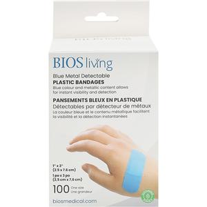 Blue Water-Resistant Bandages - Rectangular/Square, 3", 1", Plastic Metal Detectable, Sterile, Non-Medical