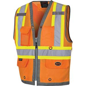 Pioneer Mesh Back Zip Front Surveyor Safety Vest - High Visibility Orange, Yellow & Silver, 2X-Large, Polyester, Meets/Exceeds CSA Z96 Class 2 - Level 2, ANSI/ISEA 107-2020 Class 2 Type P and R, Zipper