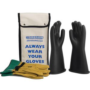 Class 1 Rubber Electrical Glove Kit - 10, 14" L, NFPA 70E, 37 cal/cm², Gloves; Leather protector; Storage bag, CSA Z462, ASTM D120, ASTM F696, Black & Grey, 7,500 AC, 11,250 DC