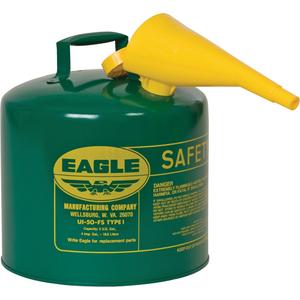 Safety Can for Combustibles with Funnel - Galvanized Steel, 5 US gal., Green, I, FM Approved/UL/ULC Listed, OSHA, NFPA, CARB, 13.5" H x 12.5" D (34.3 cm H x 31.8 cm D)