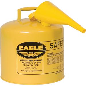 Safety Can for Diesel with Funnel - Galvanized Steel, 5 US gal., Yellow, I, FM Approved/UL/ULC Listed, OSHA, NFPA, CARB, 13.5" H x 12.5" D (34.3 cm H x 31.8 cm D)